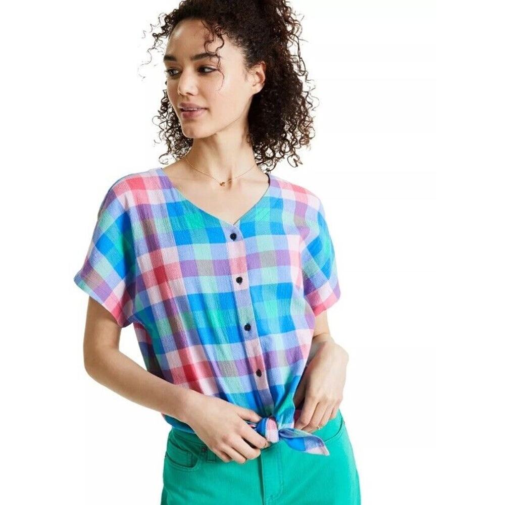 Style & Co Women's Printed Button-Down Tie-Front Top (M, Super Sonic Blue Pink)